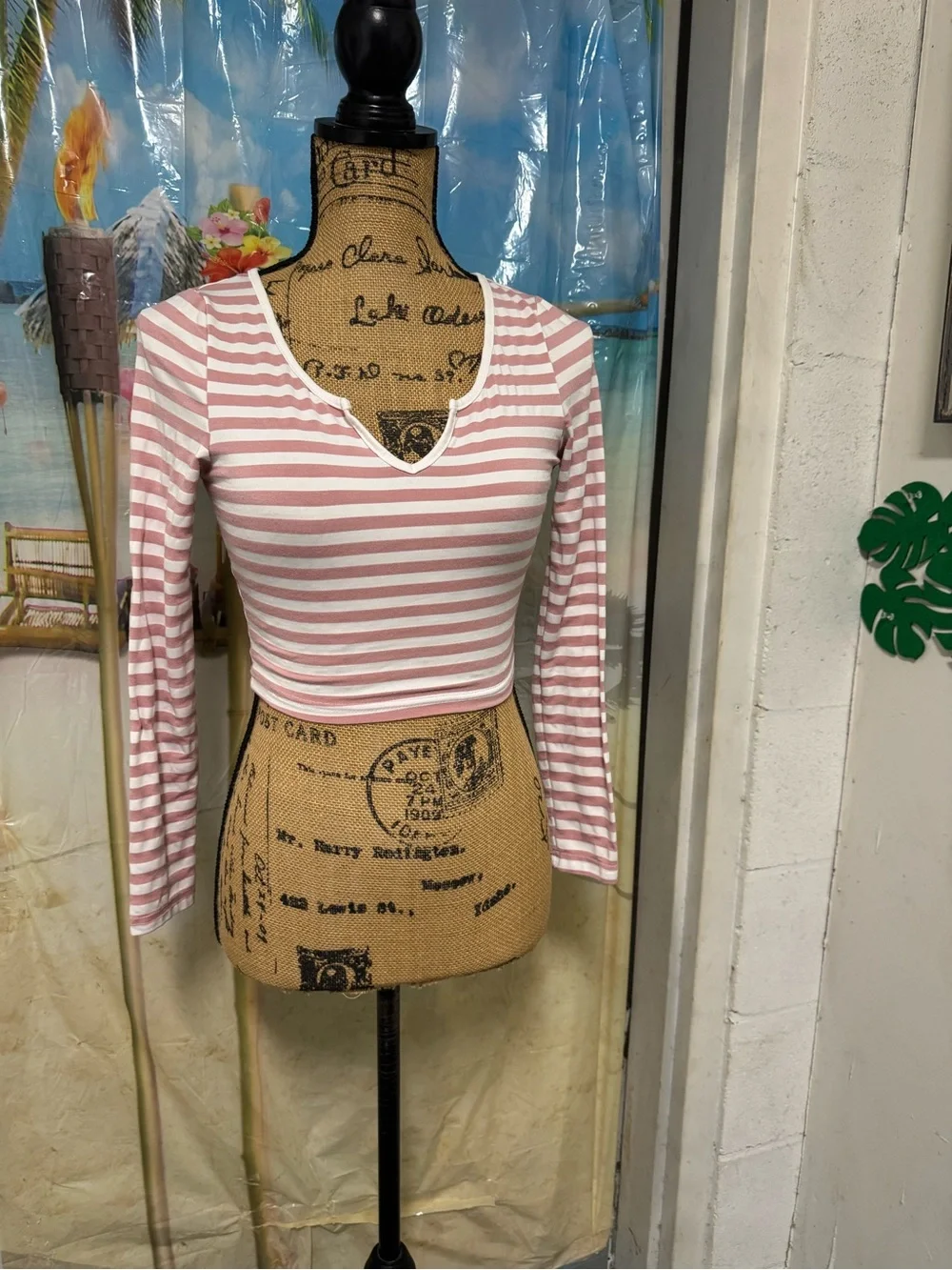 SHEIN Pink & White Striped V-Neck Long Sleeve Crop Top